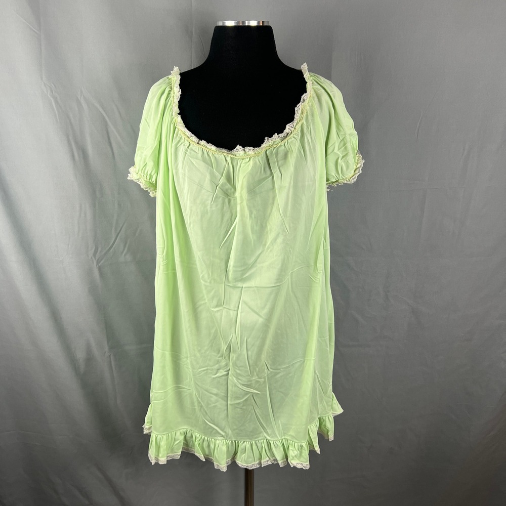 Vintage Womens Babydoll Nightgown 2XL Green Lace Trim Ruffled Hem Short Sleeve